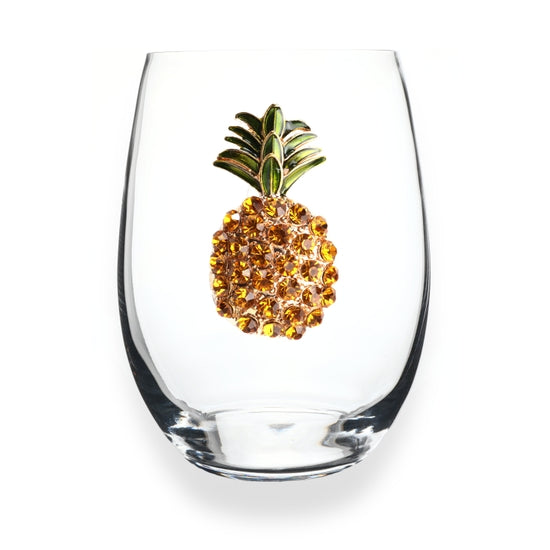 Handcrafted stemless wine glass with jeweled embellishments around the rim in clear crystal.