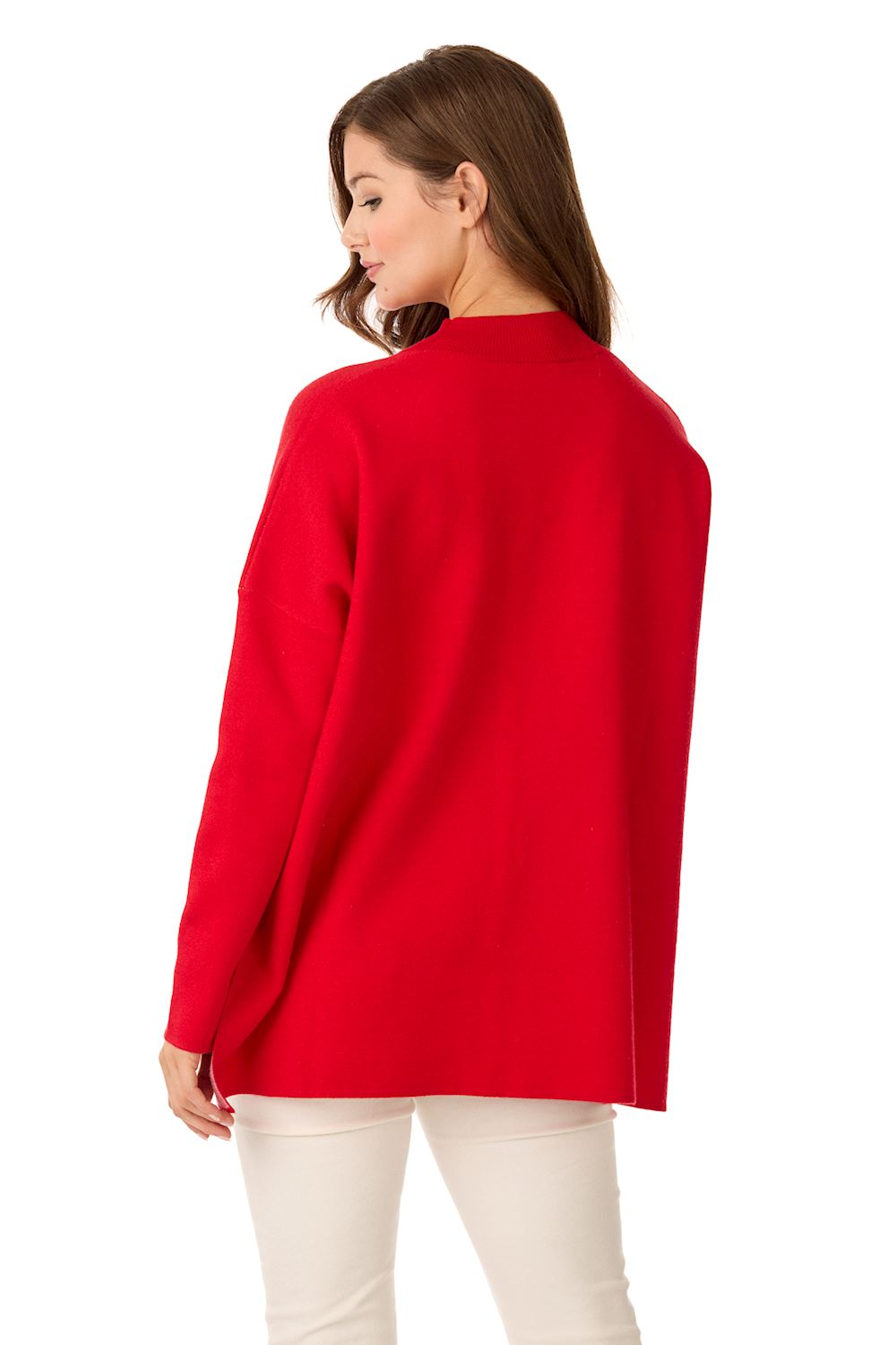 Back view of a woman wearing a bright red Holiday Jacquard Sweater with a mock neck.