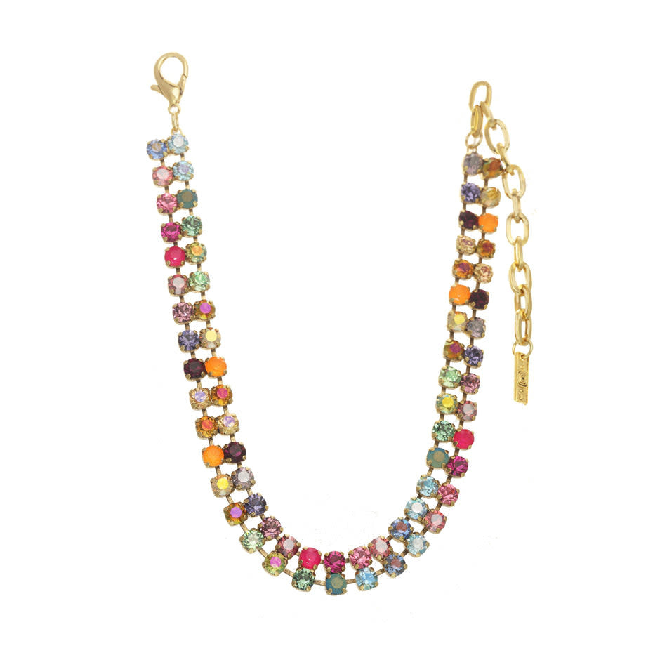 Antique gold plated brass Lira choker with dazzling crystals in watermelon color