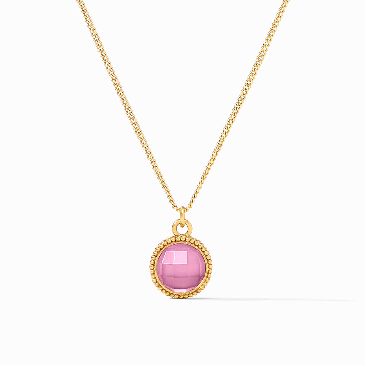 Fleur-De-Lis Solitaire Necklace in 24K gold plate with a round pink glass pendant.
