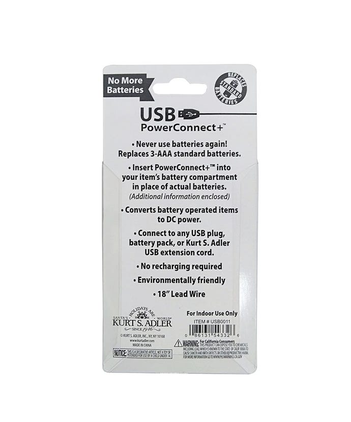 Back packaging of a Kurt S. Adler USB PowerConnect+ 3-AAA battery converter with product details.