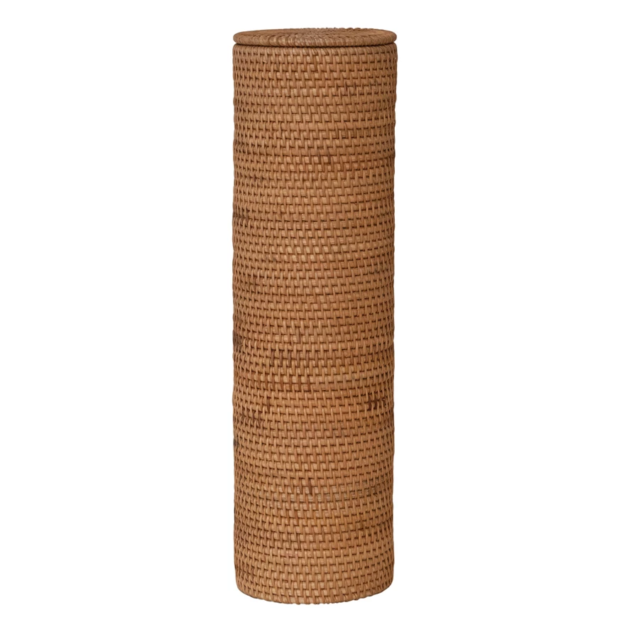 Round woven rattan toilet paper storage with lid in natural finish
