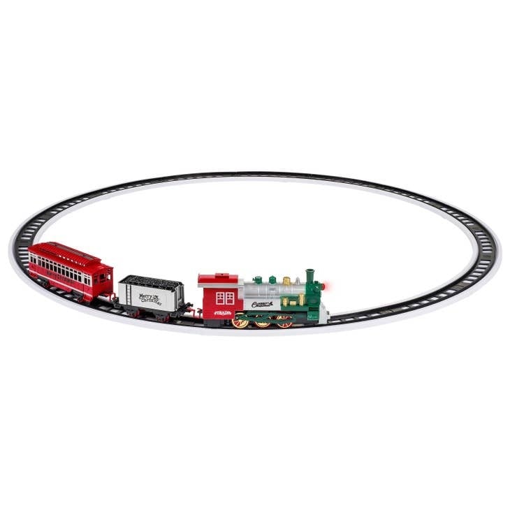 Animated three-car train circling a Christmas tree with suspension clamp
