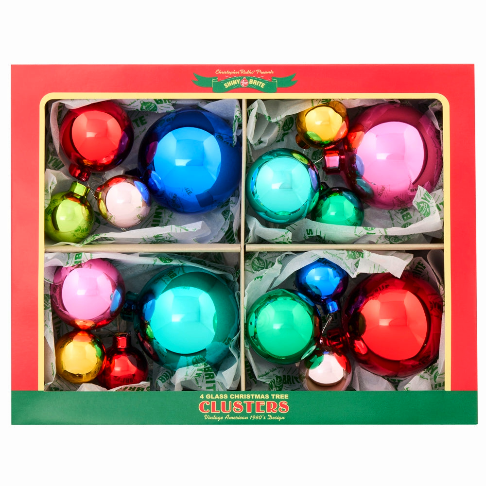 Boxed set of 4 Shiny Brite glass ornament clusters in bright vintage multi-colored hues.