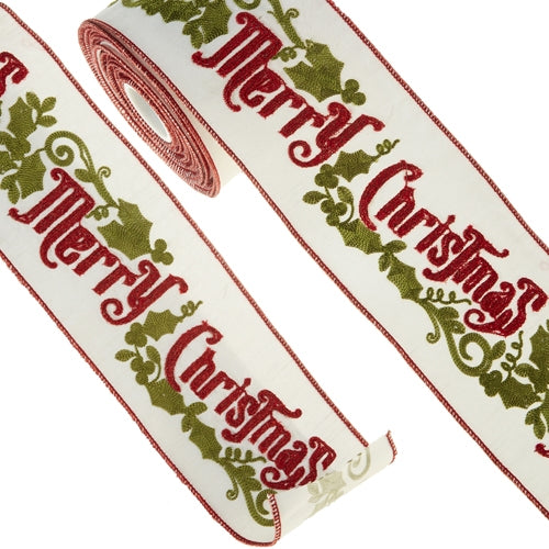 4 inch wide white wired ribbon with red embroidered Merry Christmas text and green holly leaves.