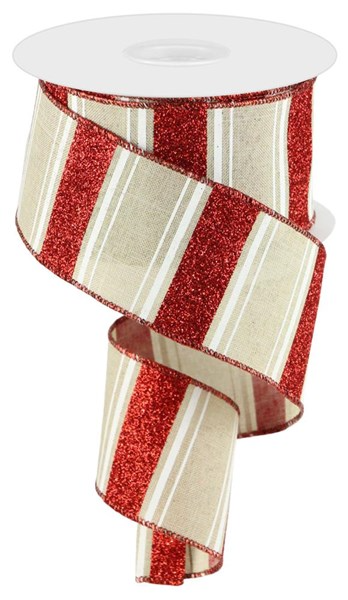 2.5-inch wide polyester ribbon with red glitter and beige striped pattern on a spool.