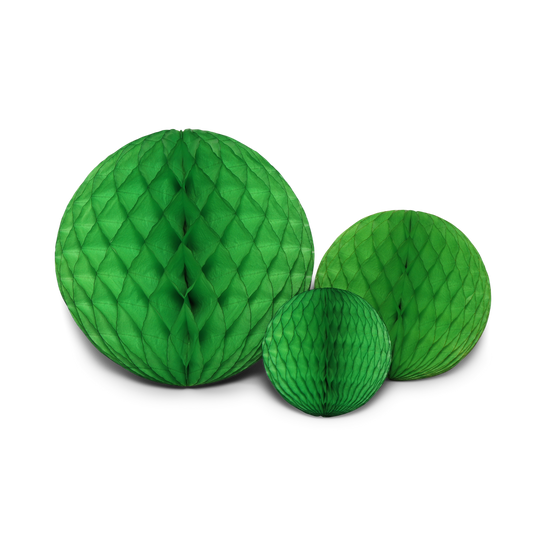 Three bright honeycomb paper balls in a trio set with sustainable material.