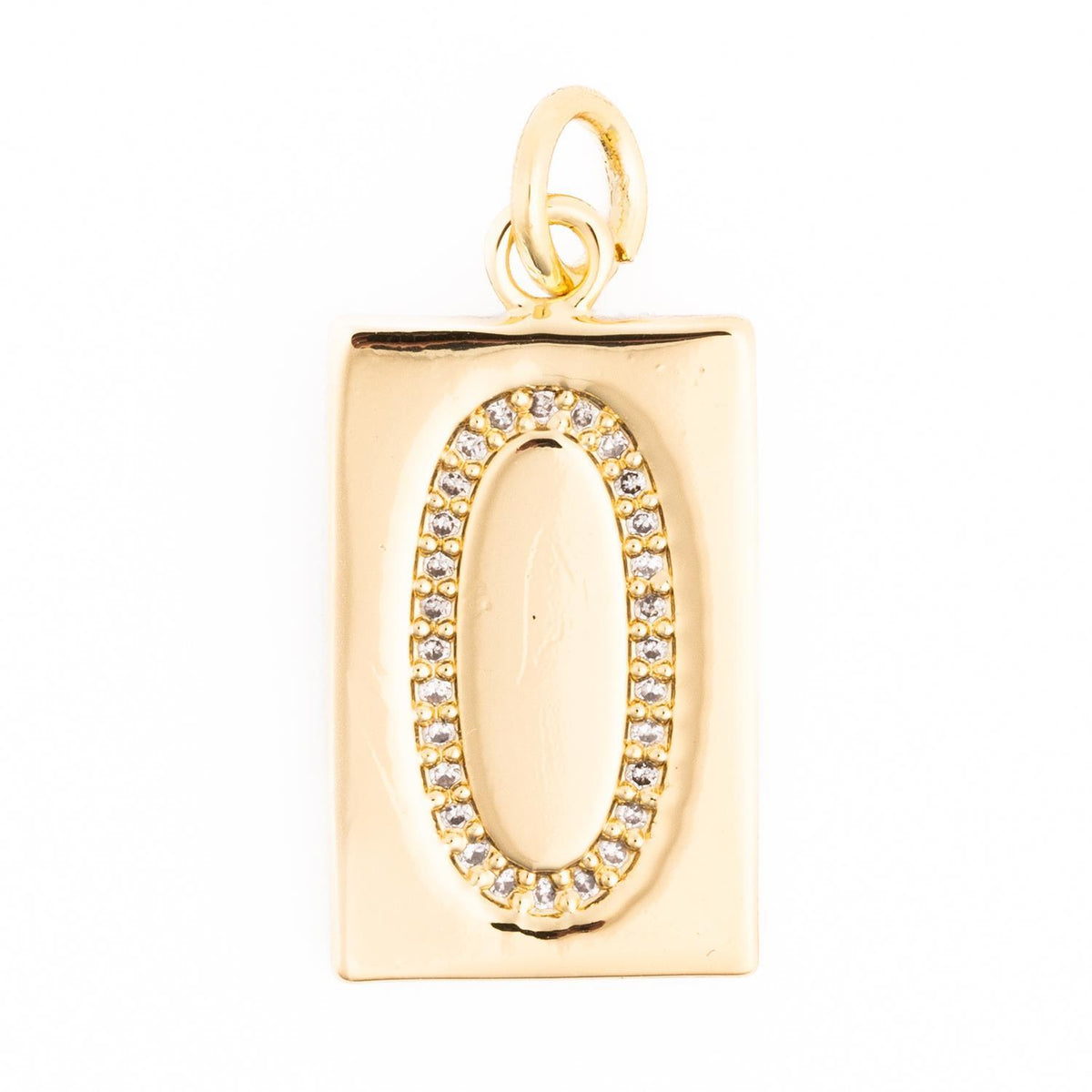 Gold rectangular charm featuring a crystal-encrusted letter O on a white background.