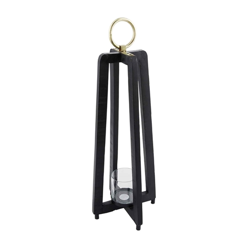 Black tall lantern made from mango wood with a rectangular silhouette.