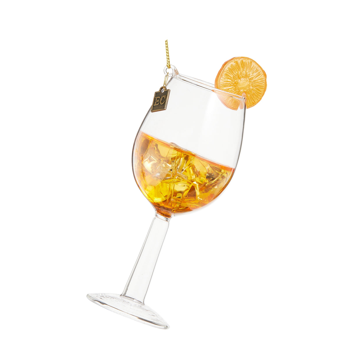Glass and resin Spritz cocktail Christmas ornament with ice cubes and an orange slice garnish.