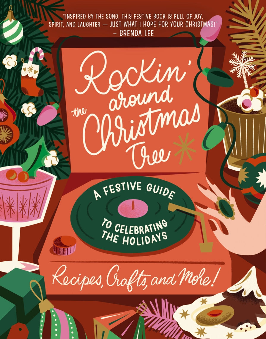 Rockin' Around the Christmas Tree book cover with a vintage record player, festive decorations, and holiday quote.
