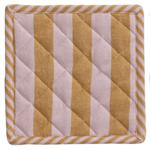 Square woven cotton pot holder with striped pattern in neutral tones