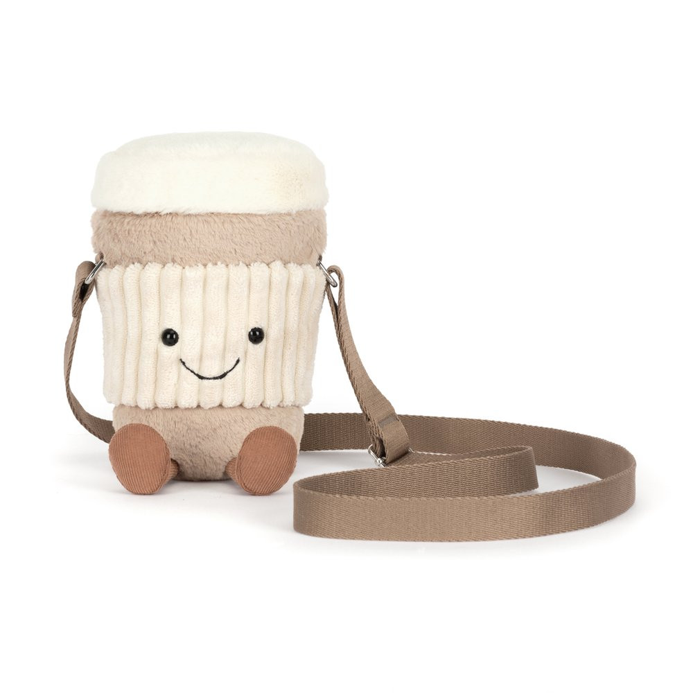 Plush coffee cup shoulder bag with a smiley face, corduroy sleeve, and adjustable brown strap.
