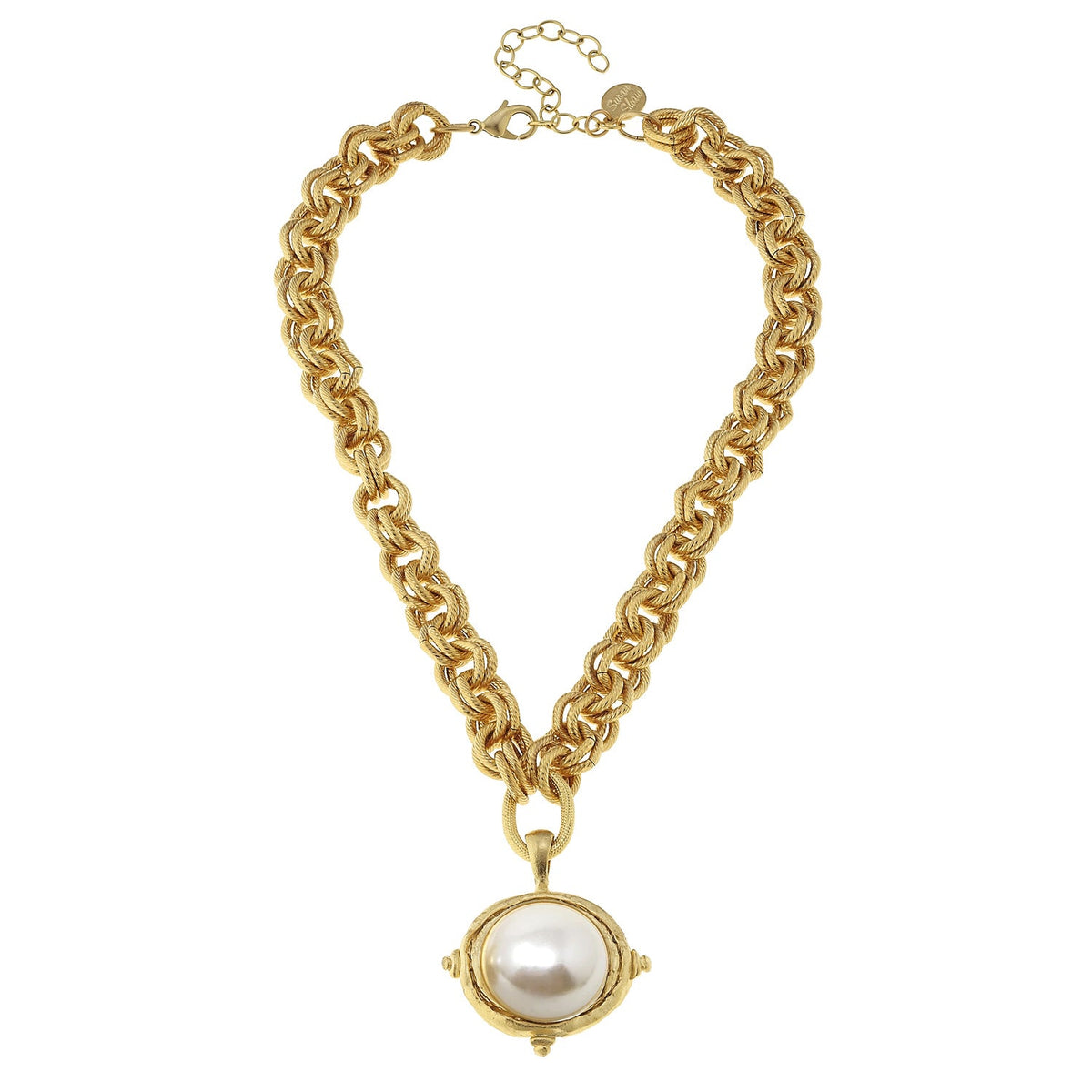Triple-plated gold chain necklace with imitation pearl cabochon pendant on a lobster claw clasp.