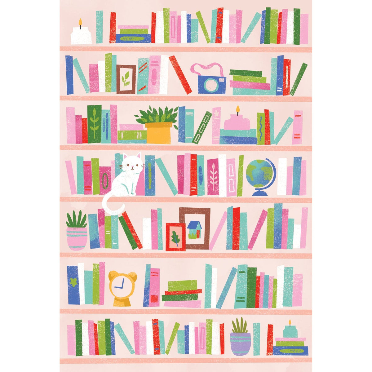 White embossed cat-shaped bookshelf with blank interior shelves.