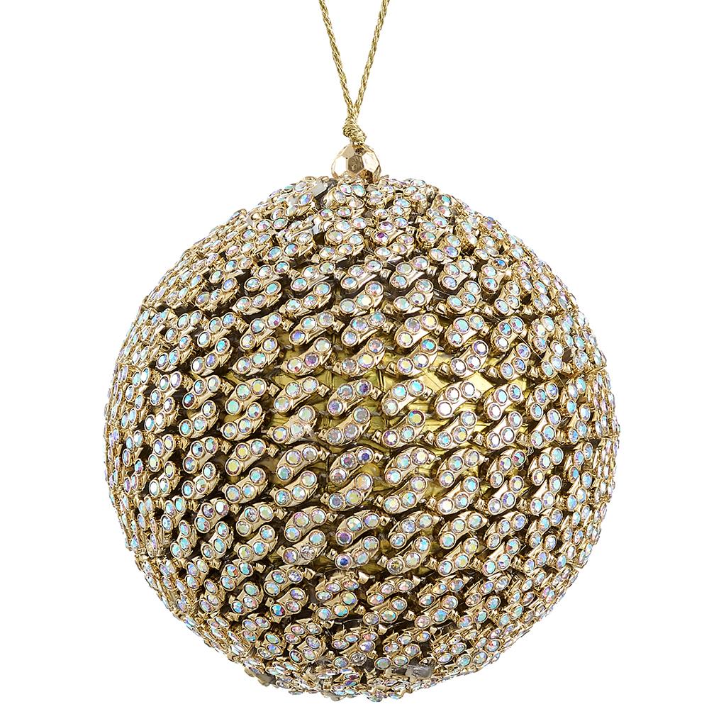 Gold diamond ball ornament with glass bead accents on a holiday tree branch