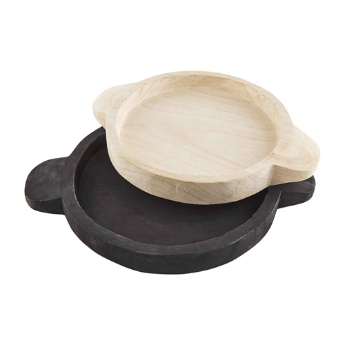 Two round paulownia wood trays with handles, one in natural light wood and one in black.