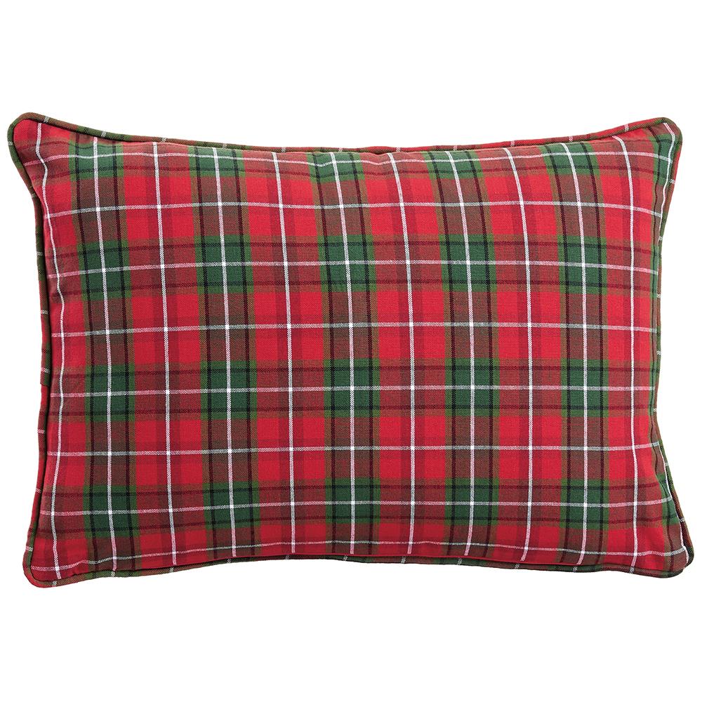Red and green plaid rectangular decorative pillow with white grid lines and piped edges.