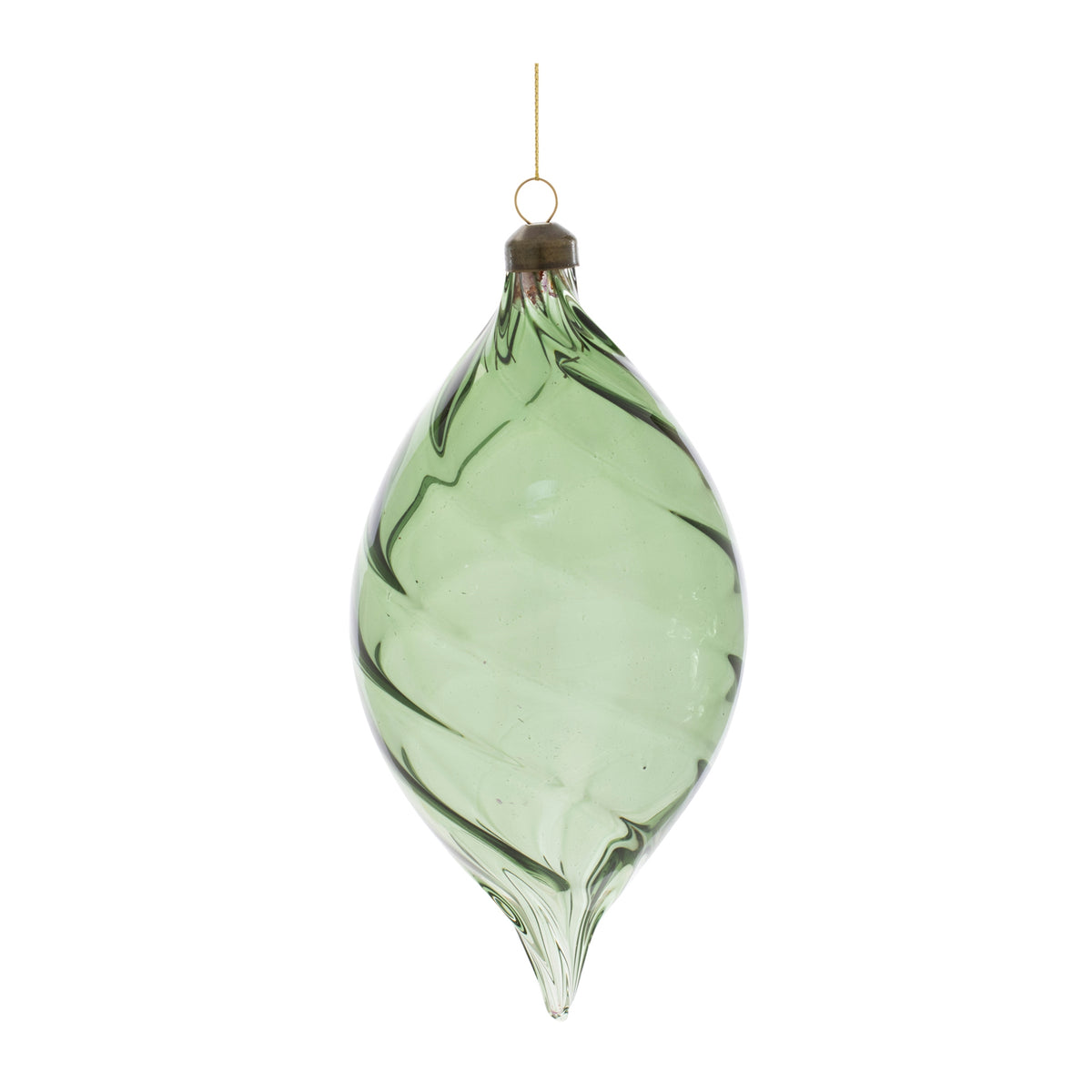 Green swirl glass teardrop ornament with a gold hanging wire and cap.