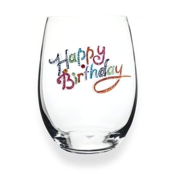 Handcrafted stemless wine glass with jeweled embellishments around the rim in clear crystal.