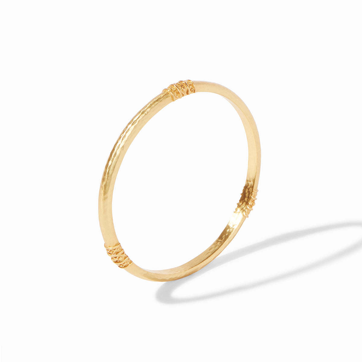 Slim hammered gold bangle with three diamond-accented beads