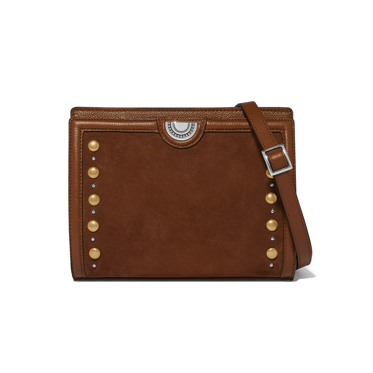 Brown pebbled leather and suede organizer bag with mixed metal studs and adjustable strap.