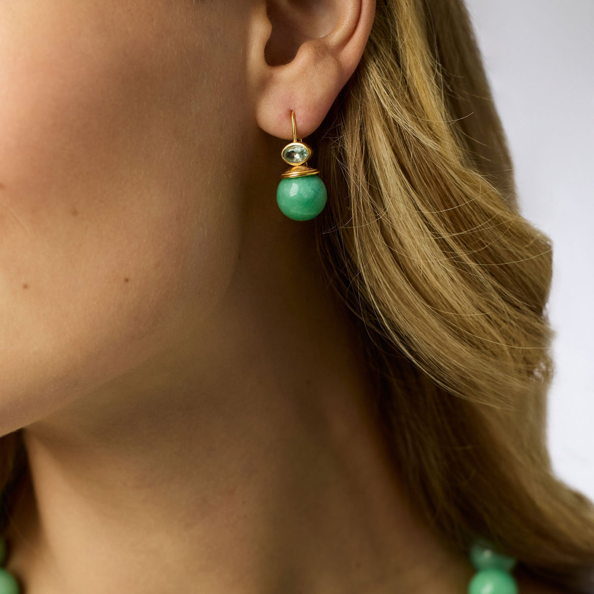 Portofino Demi earring with jade stone set in gold plate on a French wire.
