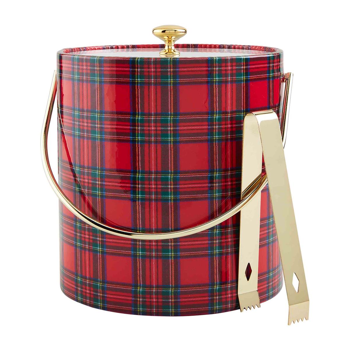 Plastic tartan-patterned ice bucket set with matching tongs