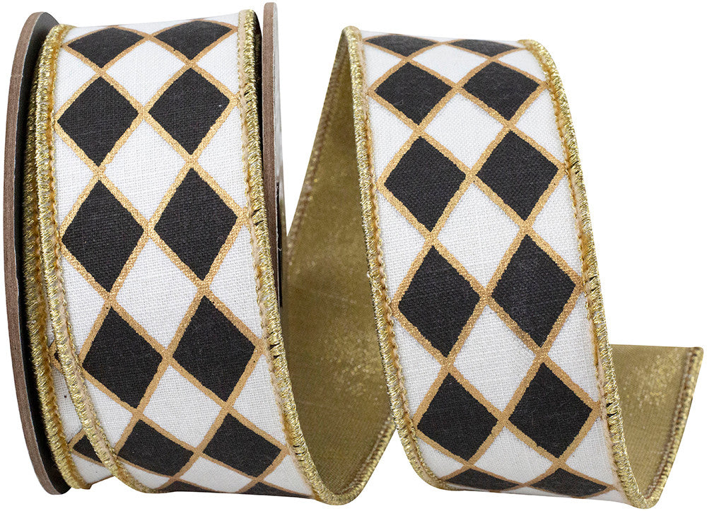 1-1/2 inch wired edge ribbon with a black and white harlequin diamond pattern and gold outlines.
