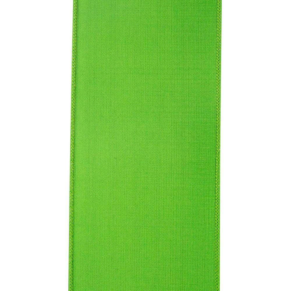 4 inch lime green striped twill deluxe dupioni wired edge ribbon with a textured fabric finish.