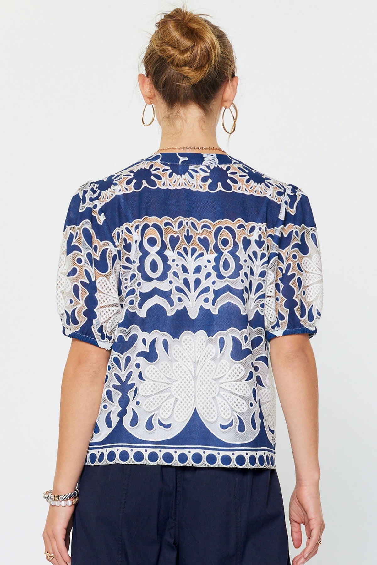Danica embroidered rayon blouse with floral lace medallions, split V-neck, short puff sleeves, and relaxed fit.