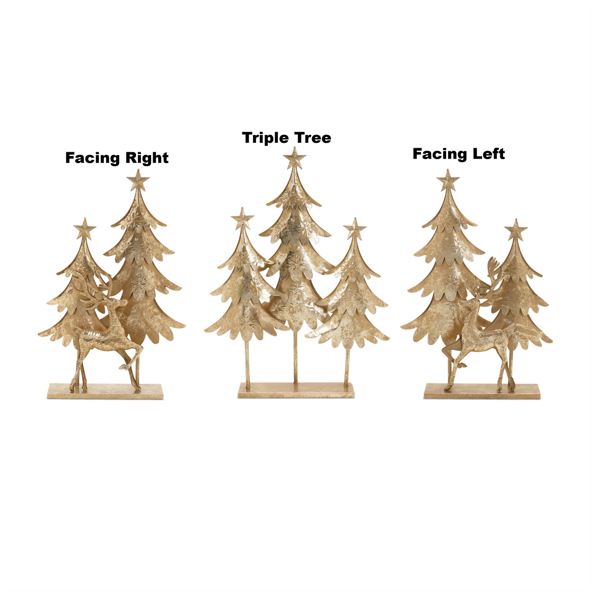 Three gold metal holiday figurines: Facing Right deer, Triple Tree, and Facing Left deer.