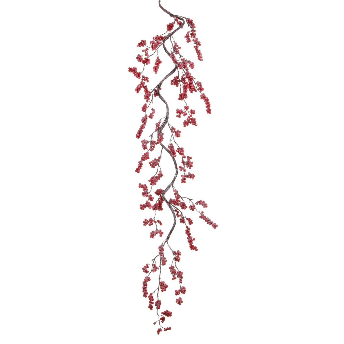 45-inch red berry curly garland with frosted finish on a dark brown flexible stem.