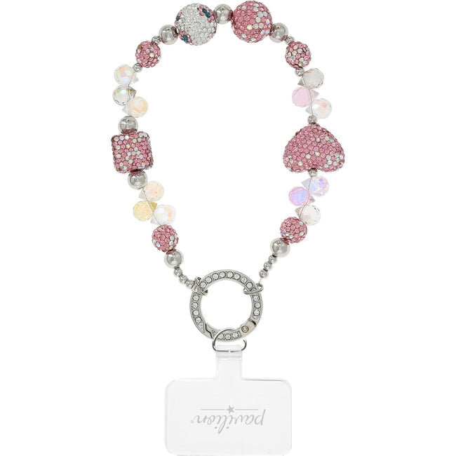 Pink crystal beaded phone wristlet with heart and square charms on a silver gemmed clasp.