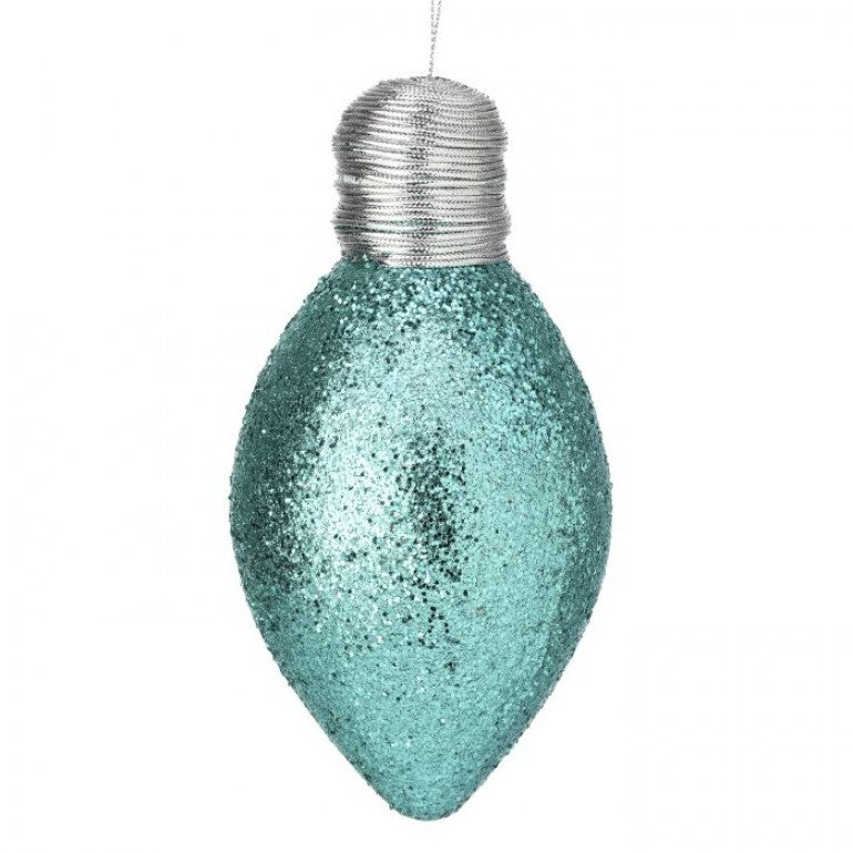 7-inch glitter lightbulb ornament with a clear glass bulb shape.