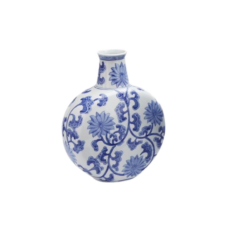 Round blue and white Canton ceramic moon flask vase with traditional floral and vine patterns.
