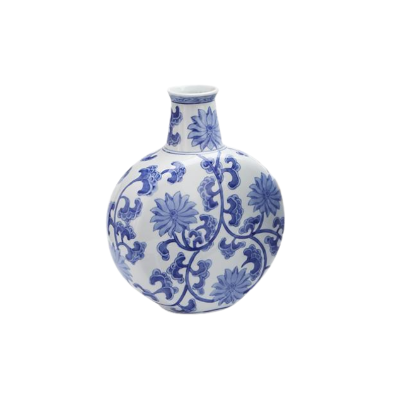 Round blue and white Canton ceramic moon flask vase with traditional floral and vine patterns.