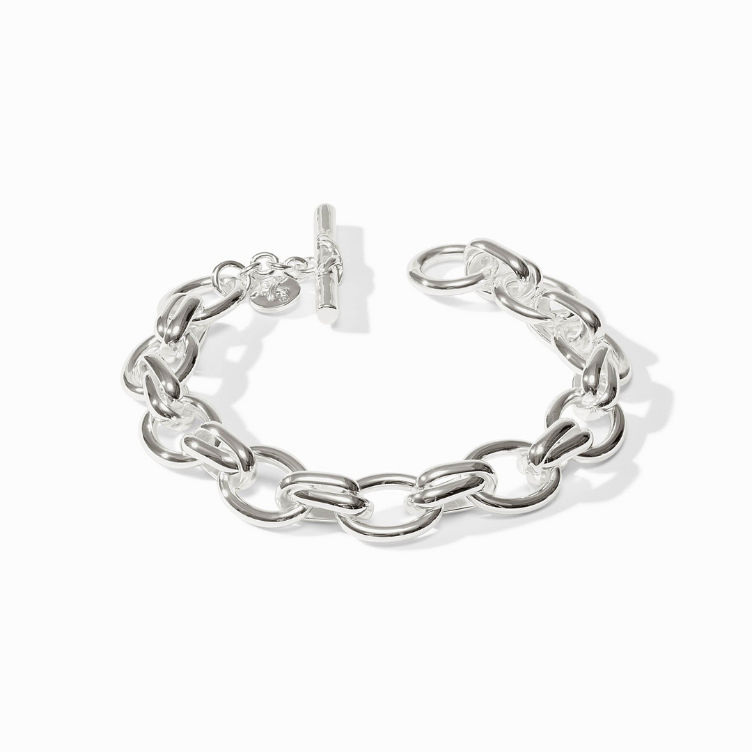 Essex Link Bracelet in polished silver featuring a chunky oval chain and a toggle clasp.