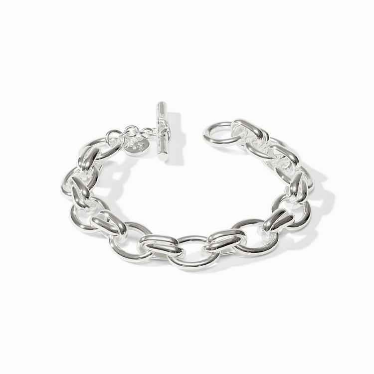 Essex Link Bracelet in polished silver featuring a chunky oval chain and a toggle clasp.