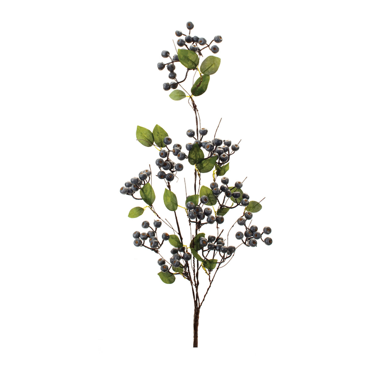 35-inch tall artificial berry spray with dark blue berries and green leaves on a brown stem.
