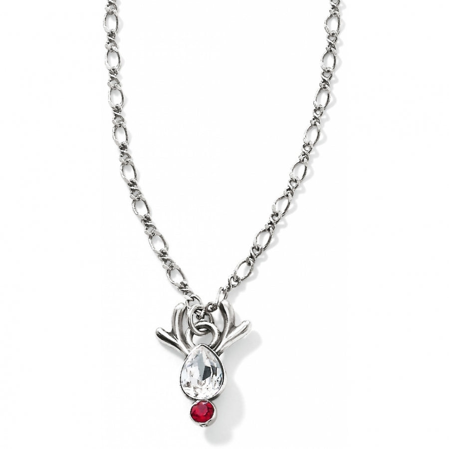 Silver-plated Reindeer Rock Necklace with clear and red crystals on a link chain.
