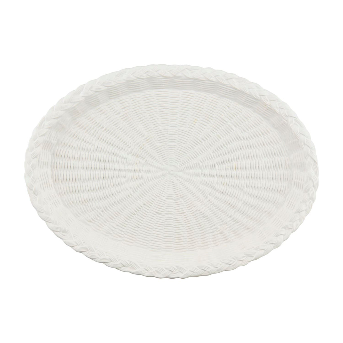 Round white woven stoneware platter with a braided rim and textured spiral pattern.