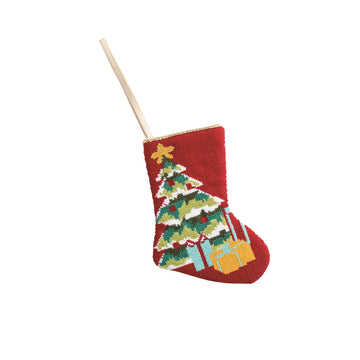 Mini needlepoint stocking with canvas backing in red featuring a classic pattern.