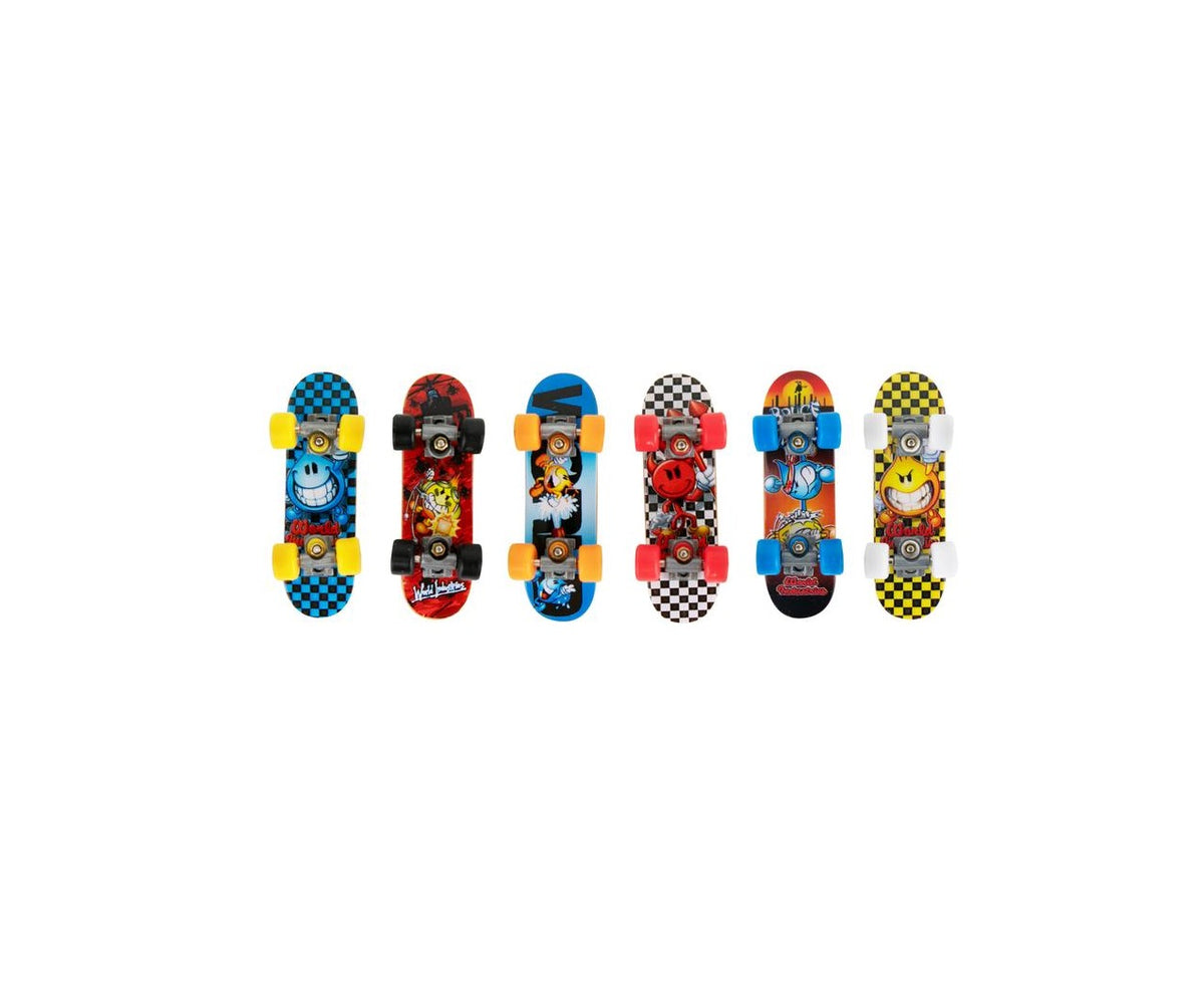 Six World’s Smallest Tech Deck Series 2 fingerboards with various colorful graphic designs.