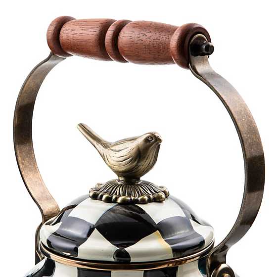 Courtly Check enamel tea kettle with bird motif in blue check pattern