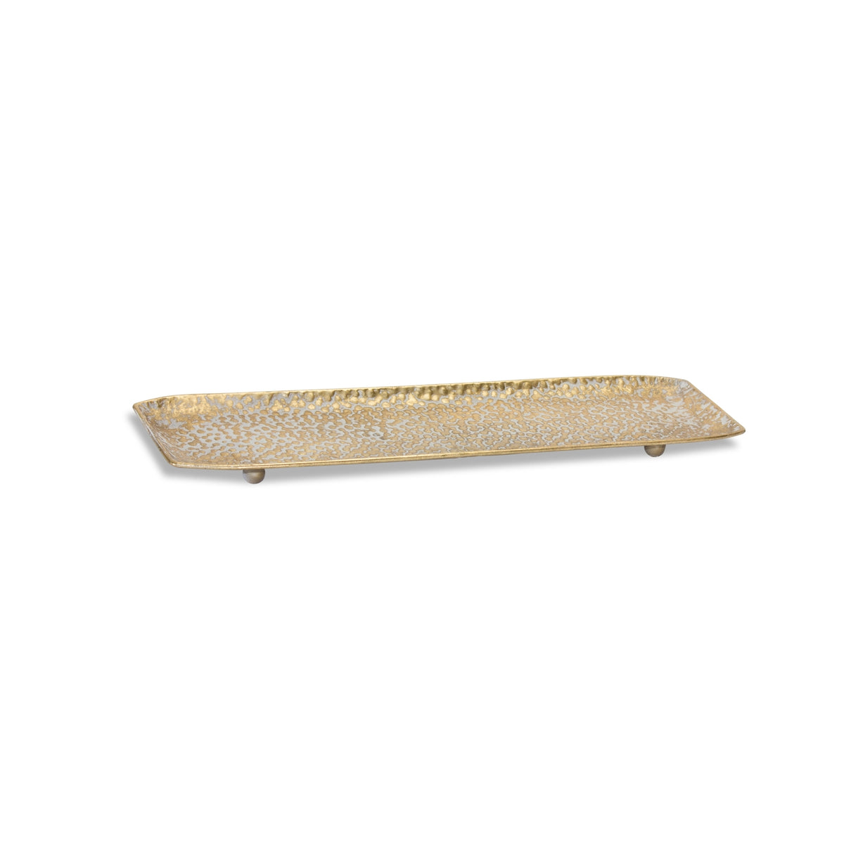 Metal decorative tray with a rectangular shape.