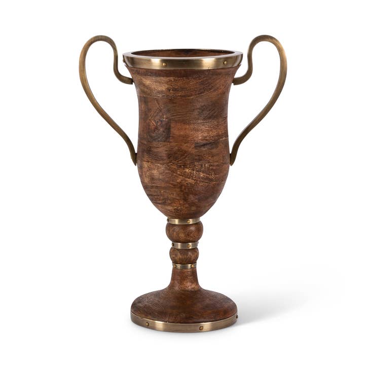 15-inch mango wood urn with antique gold metal handles, trim, and a pedestal base.