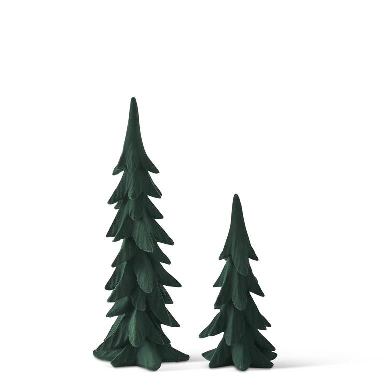 Two dark green velvet-textured polyresin Christmas tree figurines in different sizes.