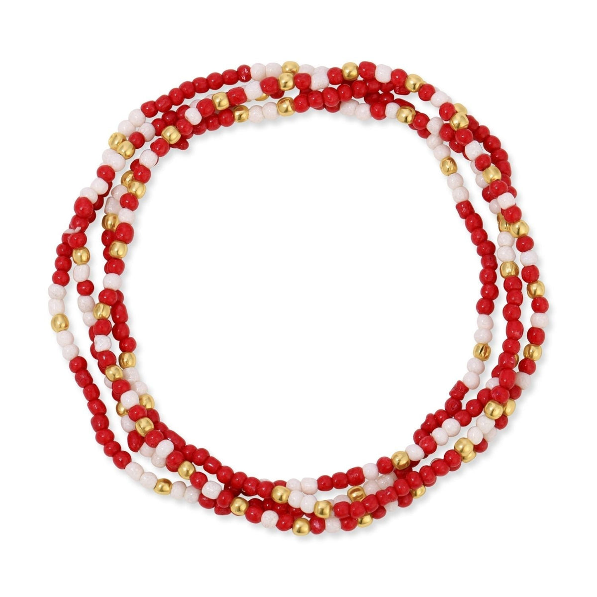 Stretch bracelet featuring an 18k gold-plated brass base with a pattern of small 2mm seed beads.