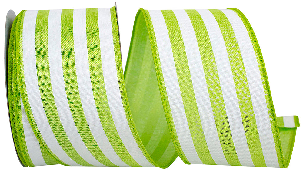 A roll of lime green continuous stripe linen wired edge fabric with a polyester blend.